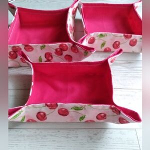 Handmade Coquette Cherry Hot Pink Print Fabric Storage Tray Set Of 3